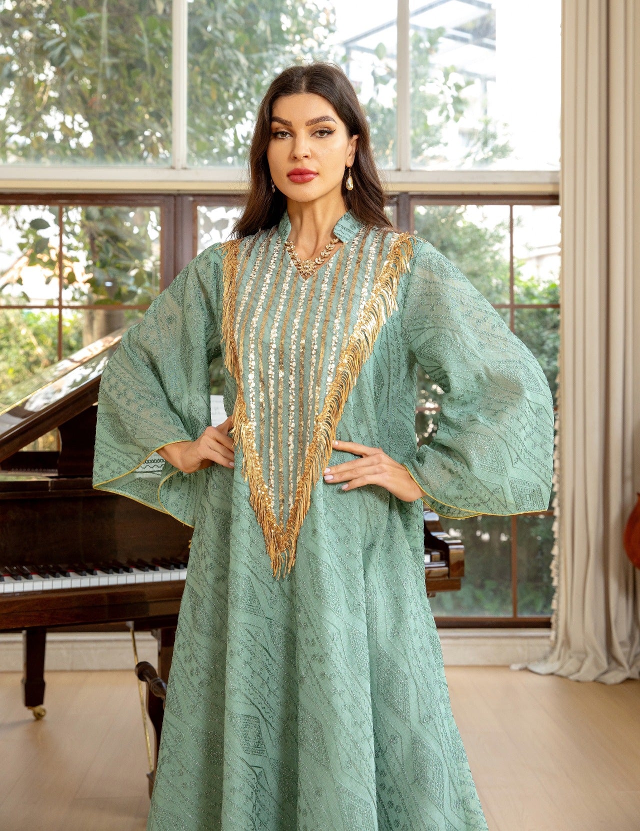 Women's Mesh Embroidered Sequin Jalabiya Dress