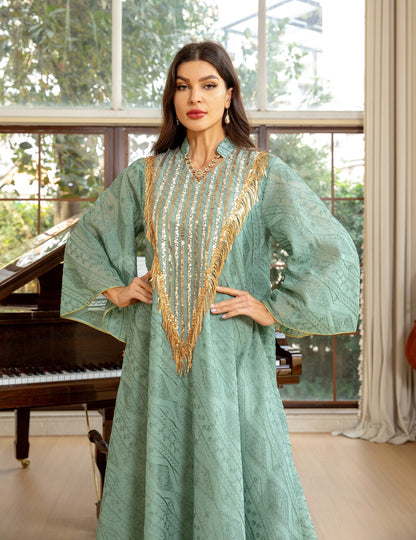 Women's Mesh Embroidered Sequin Jalabiya Dress