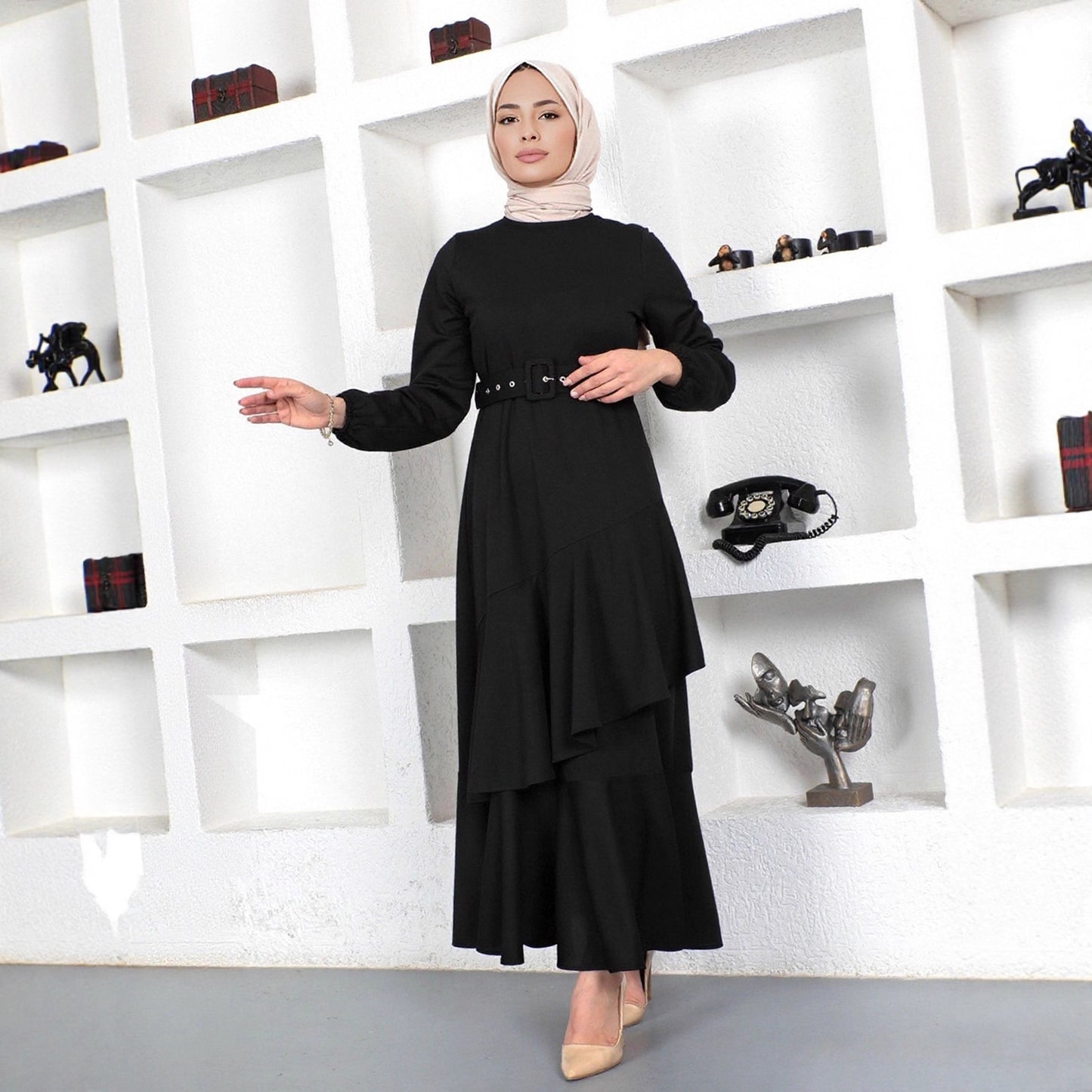 Elegant Ruffle Hem Knit Maxi Dress with Belt Modest Style