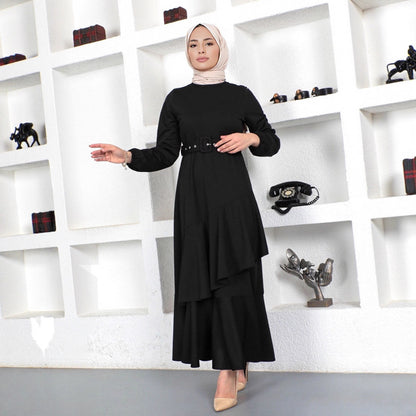 Elegant Ruffle Hem Knit Maxi Dress with Belt Modest Style