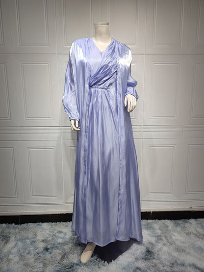 Women Plain Bright Silk Dress Two Piece Sets