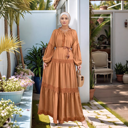 Lace Patchwork Maxi Dress with Tassel Belt and Ruffle Hem