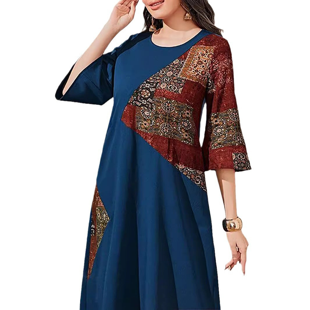 Women's Printed Patchwork Flared Sleeve Casual Dress