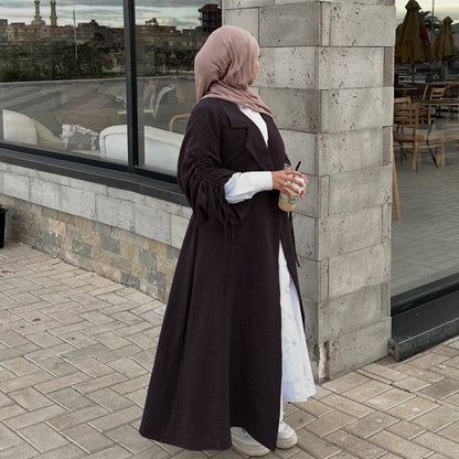Elegant Blazer-Collar Abaya Cardigan with Ruched Sleeves