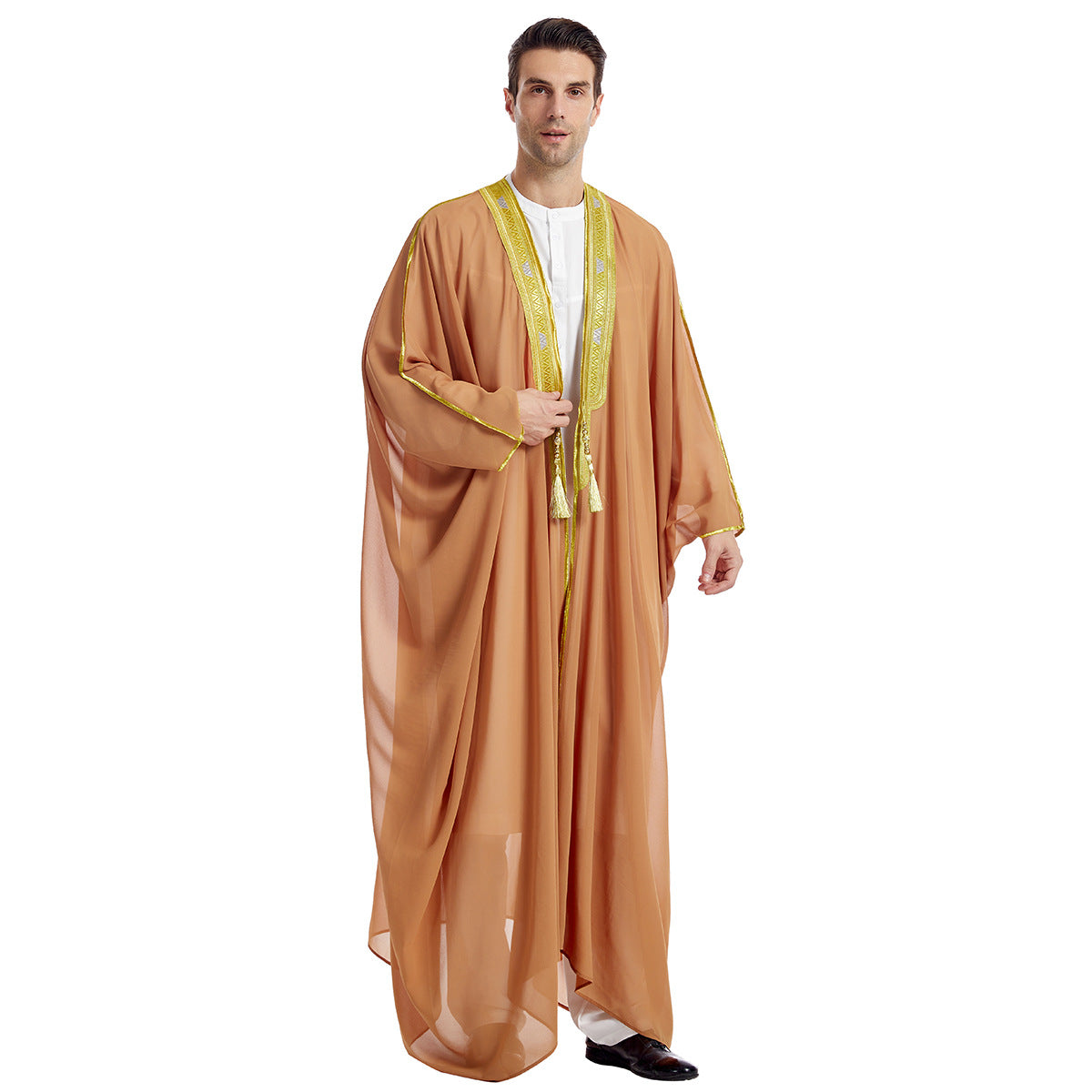 Arabian Men's Embroidered Long Sleeve Bearded Gold Beaded Thobe