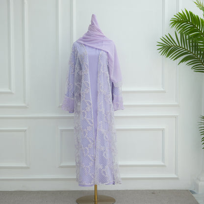 Elegant 3D Floral Mesh Open Abaya with Optional Inner Dress and Scarf