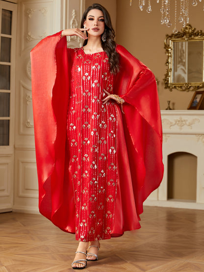 Sequin-embroidered Dolman-sleeved Cinched Waist Dress