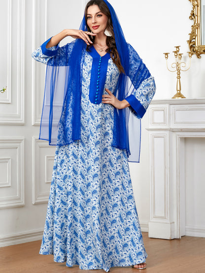 V-neck Panels Stud-buttoned Casual Abaya Dress