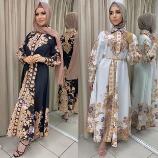 Printed Pleated Balloon Sleeve Casual Dress