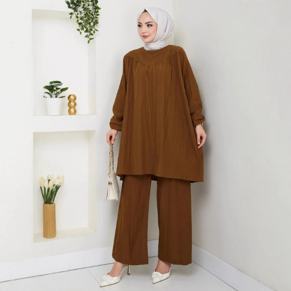 Loose Fit Two Piece Modest Set with Wide Leg Pants