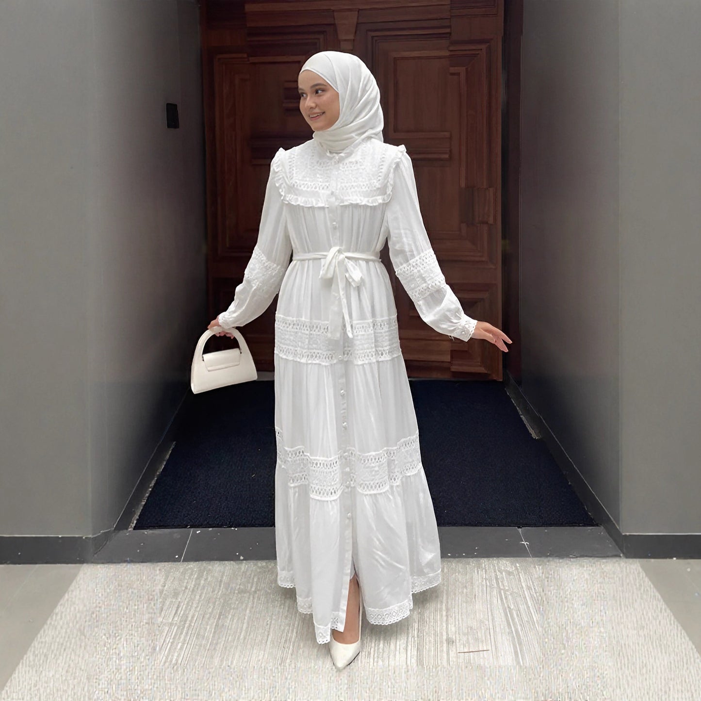 Elegant Ruffle-Trim Long Sleeve Maxi Dress
