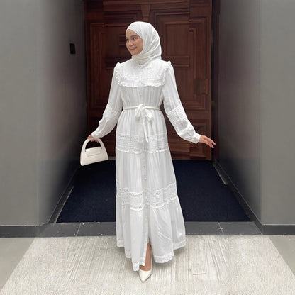 Elegant Ruffle-Trim Long Sleeve Maxi Dress