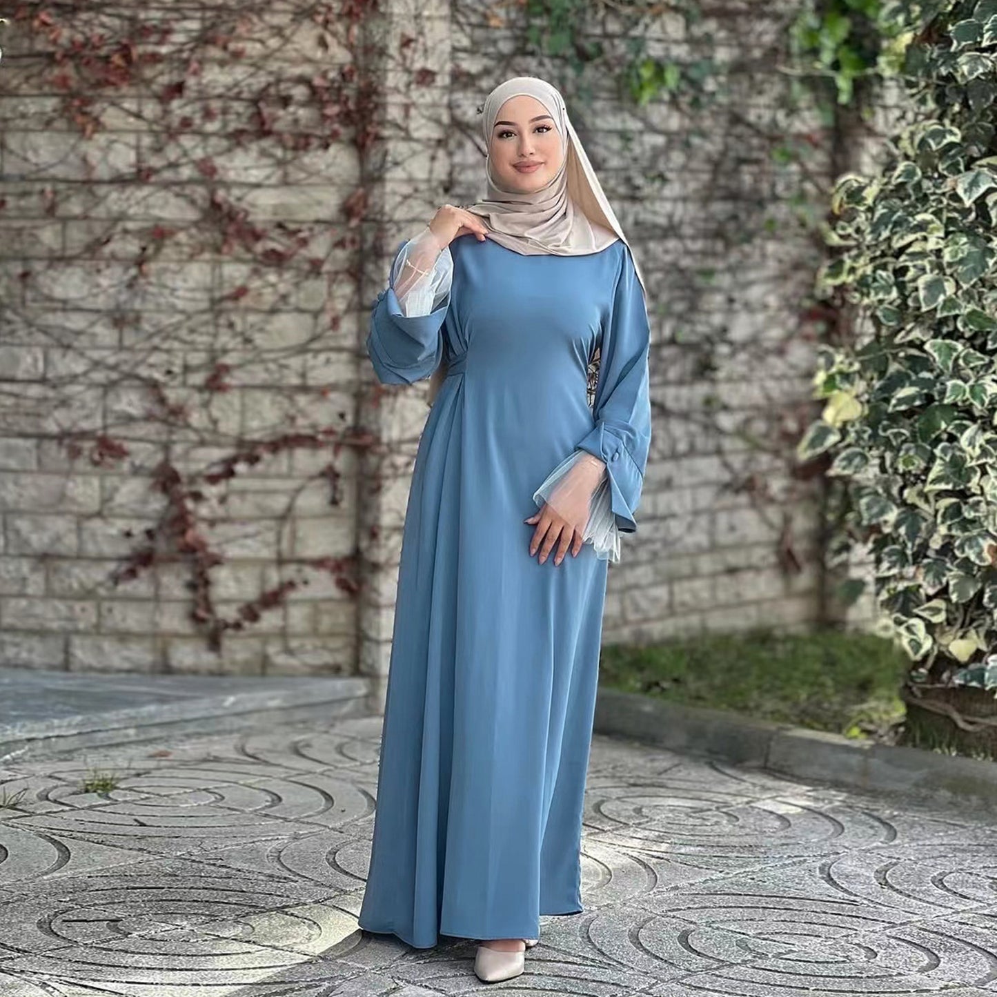 Lace Trim Maxi Dress with Waist Belt Modest Abaya Style