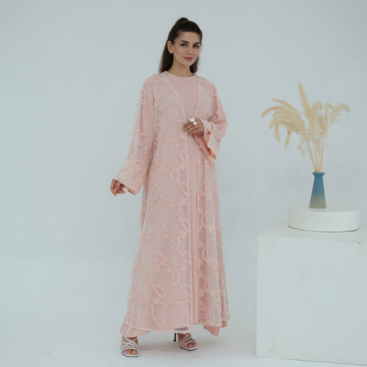Elegant 3D Floral Mesh Open Abaya with Optional Inner Dress and Scarf