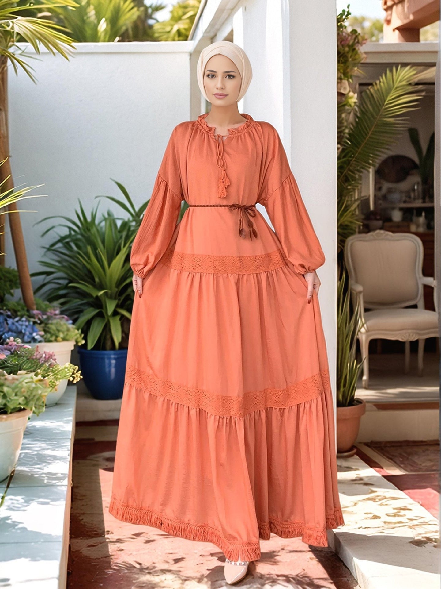 Lace Patchwork Maxi Dress with Tassel Belt and Ruffle Hem