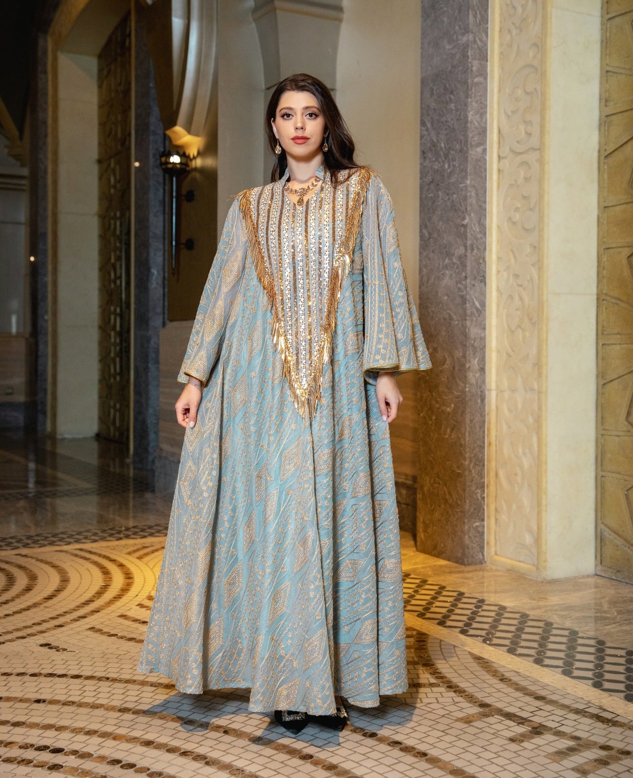 Women's Mesh Embroidered Sequin Jalabiya Dress