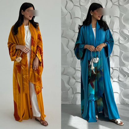 Printed Chiffon Open Abaya Cardigan Two Piece Set with Hijab