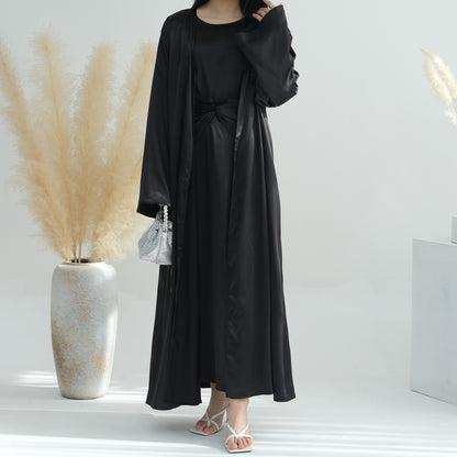 Solid Color Three Piece Abaya Set with Inner Dress and Belt