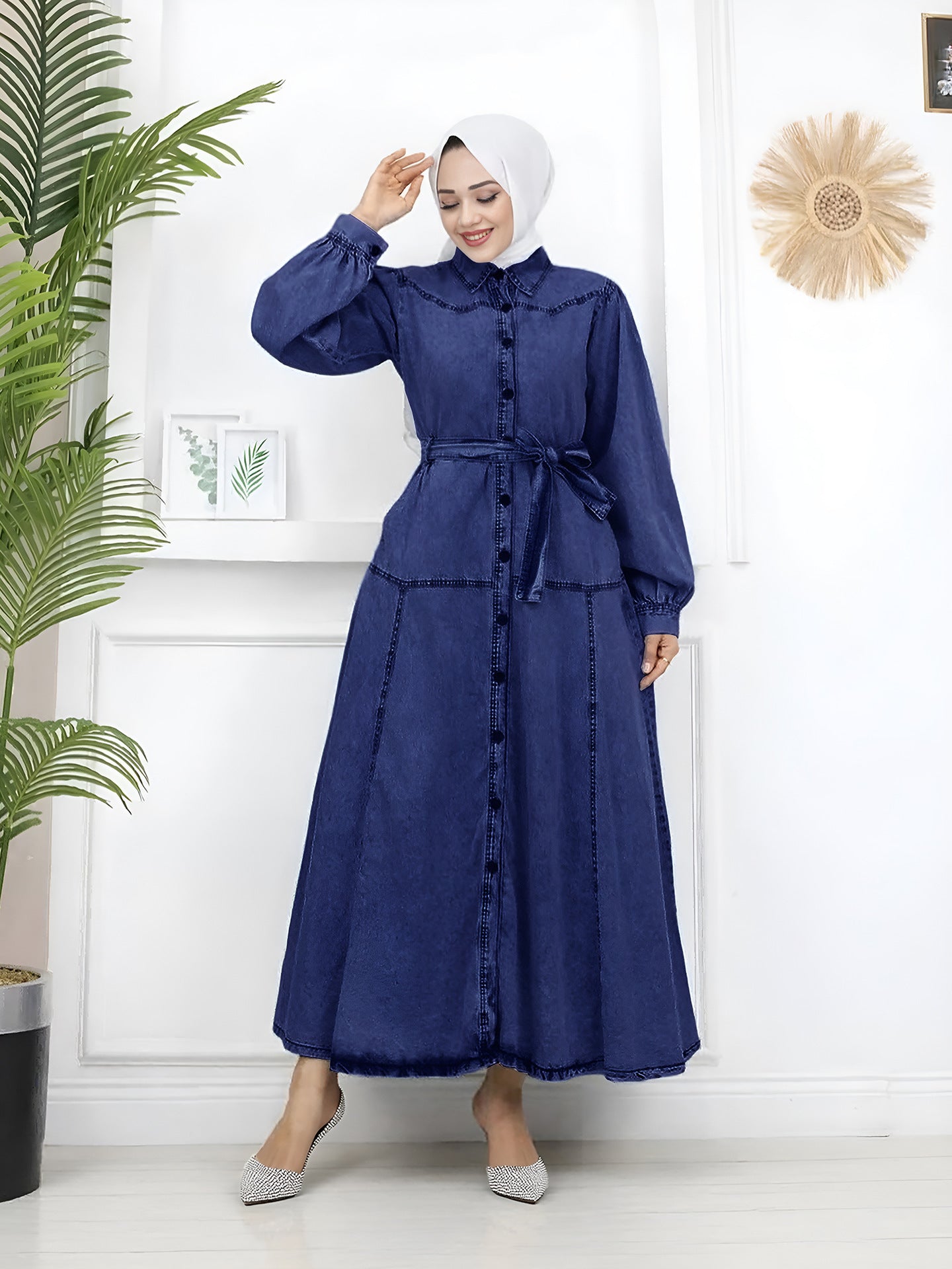 Denim Patchwork Lantern Sleeve Modest Midi Dress