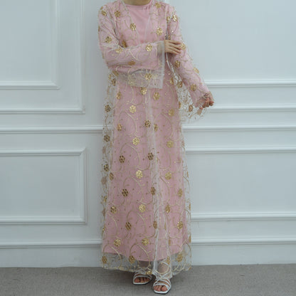 Gold Embroidered Lace Open Dress Elegant Evening Abaya