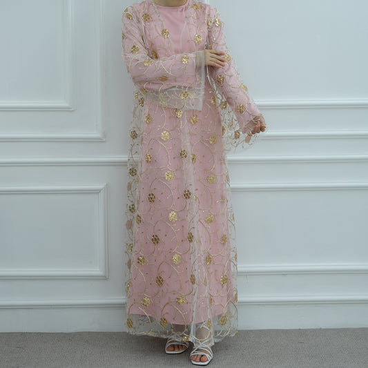 Gold Embroidered Lace Open Dress Elegant Evening Abaya