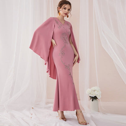 V-neck Bat Sleeve Party Embroidered Dress