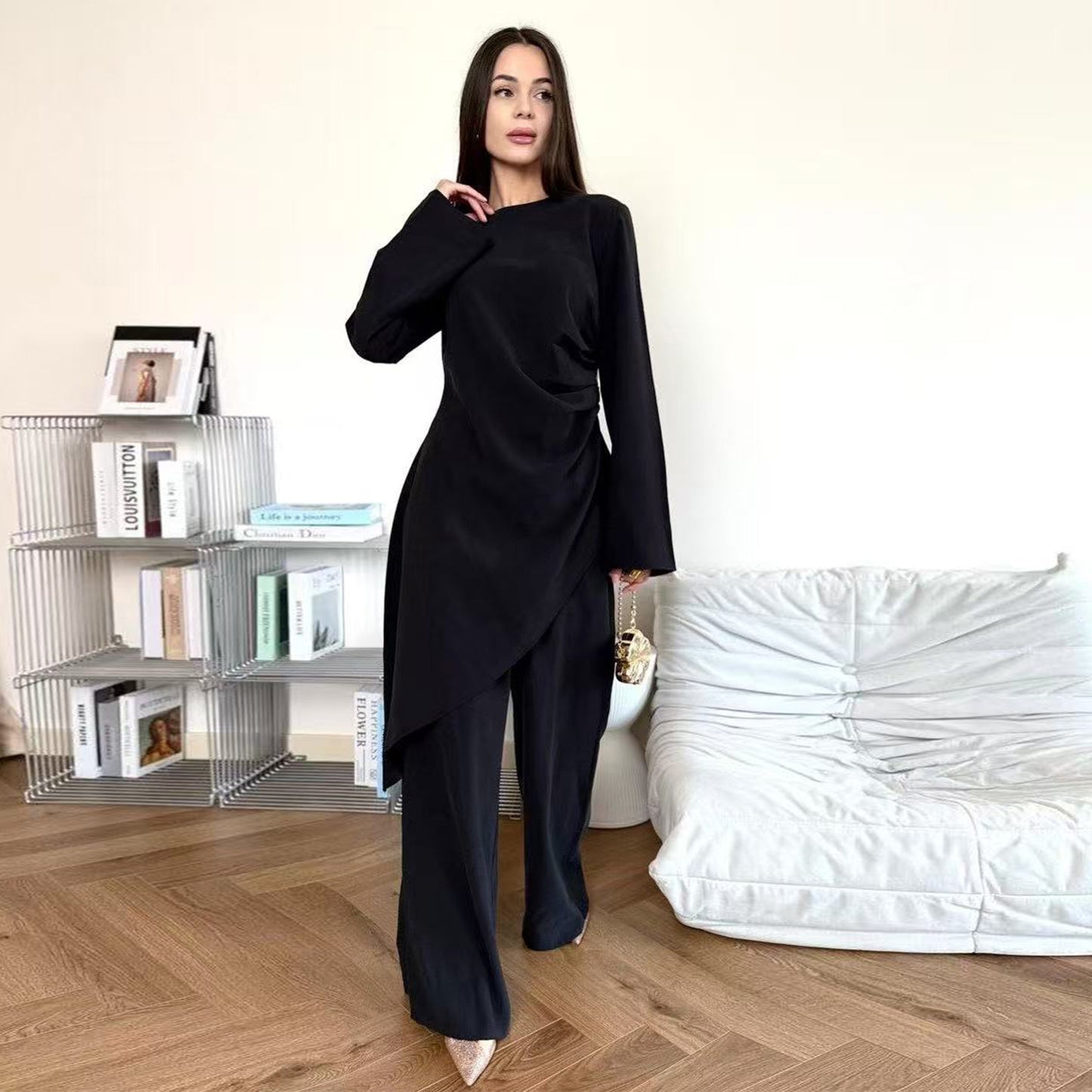 Elegant Two Piece Modest Outfit Long Top and Wide Leg Pants