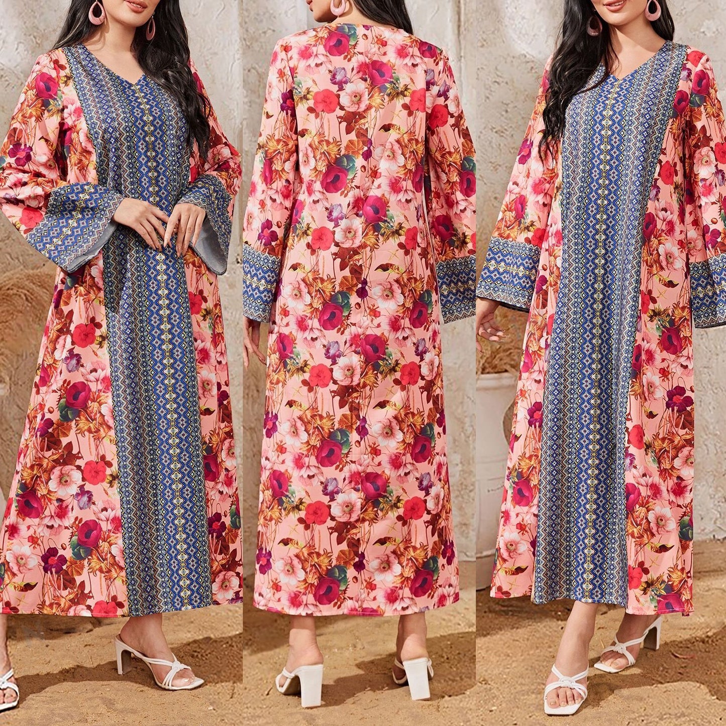 Women's Printed Color-block Flared Sleeve Dress