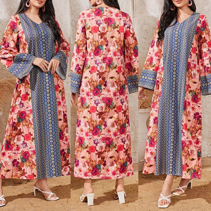 Women's Printed Color-block Flared Sleeve Dress