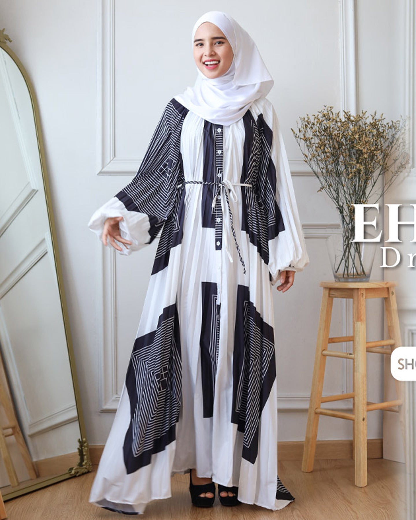 Printed Pleated Balloon Sleeve Casual Dress
