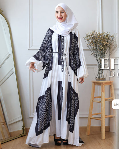 Printed Pleated Balloon Sleeve Casual Dress