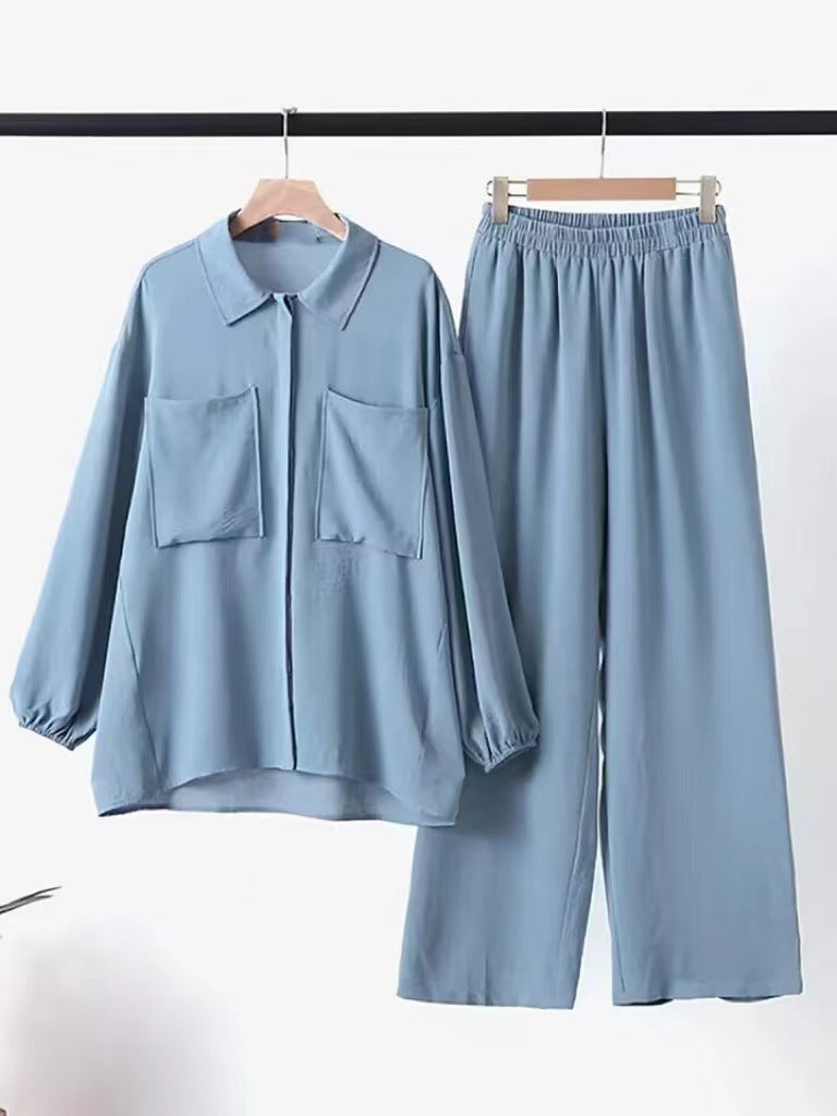 Women's Solid Color Trousers And Shirt Sets