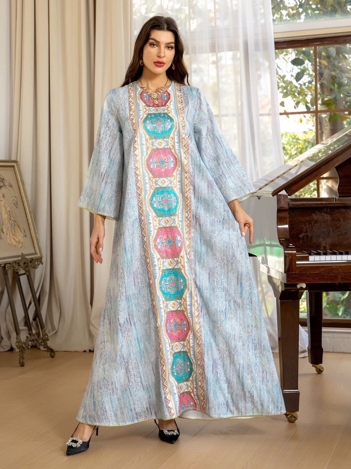 Women's Printed Beaded Embroidered Pullover Dress