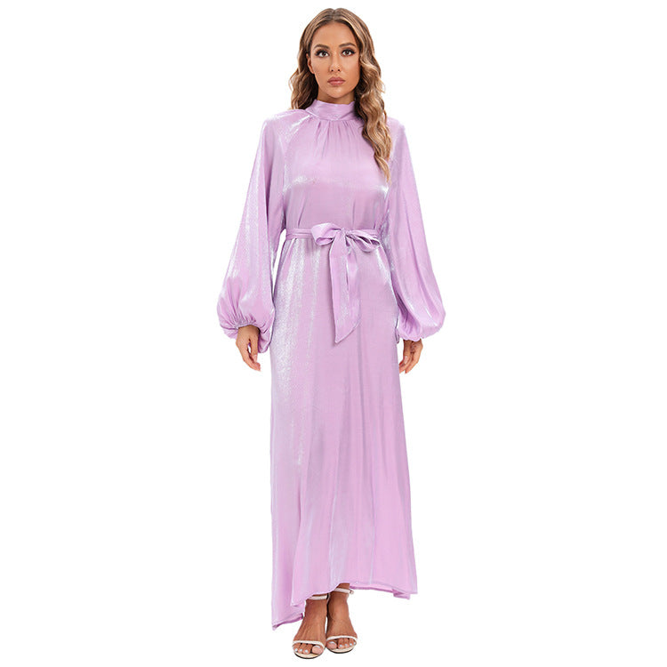 Satin Long Sleeve Maxi Dress with Bow Belt and Lantern Sleeves