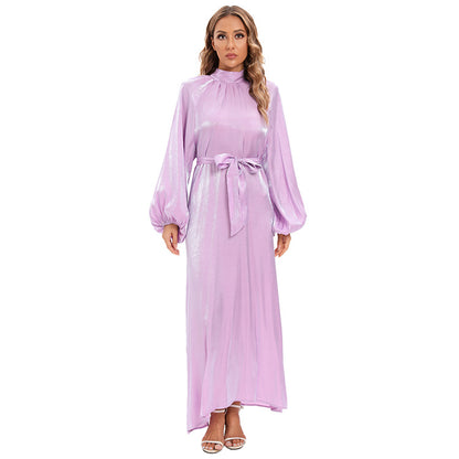 Satin Long Sleeve Maxi Dress with Bow Belt and Lantern Sleeves