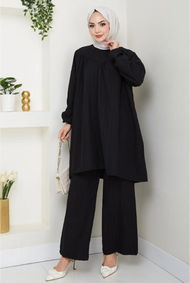 Loose Fit Two Piece Modest Set with Wide Leg Pants