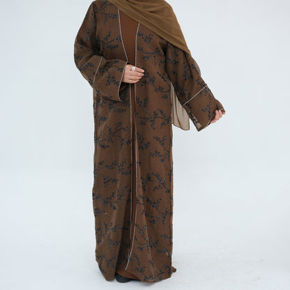 Full Embroidered Open Abaya with Inner Dress Elegant Modest Style