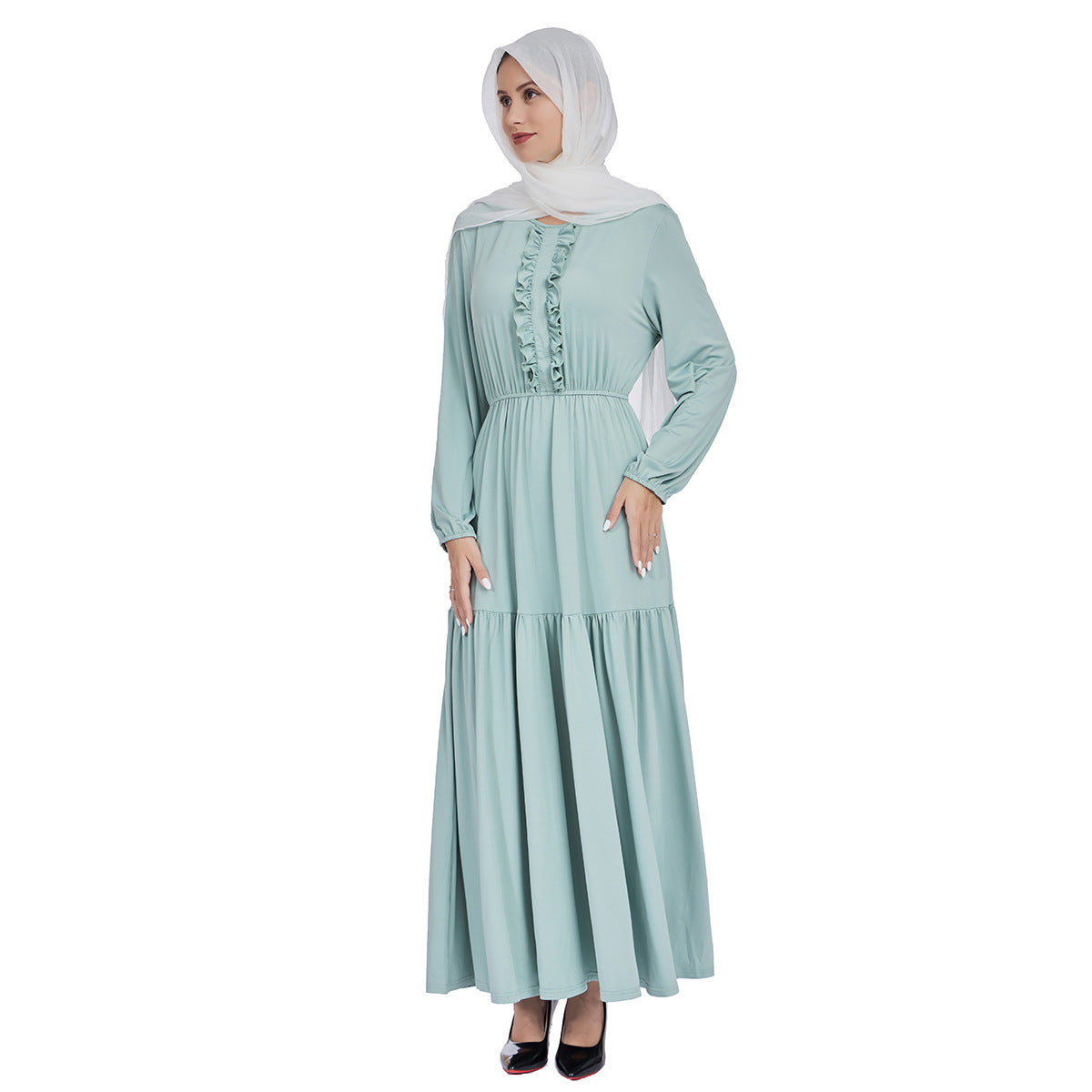 Ruffled Front Maxi Dress with Long Sleeves