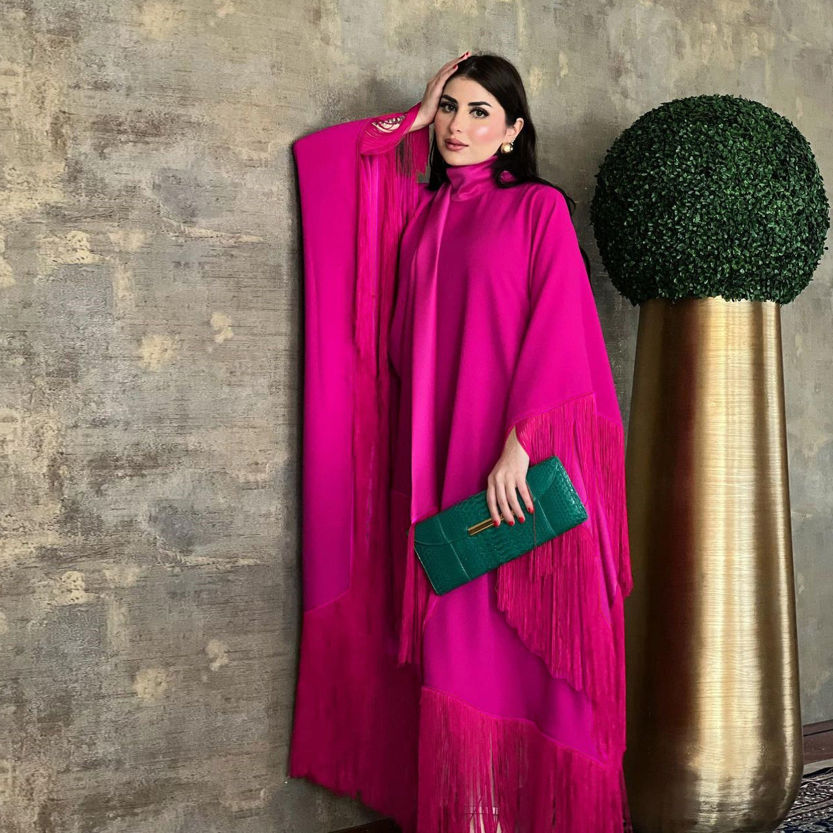 Women's Plain Batwing Sleeve Fringed Dress
