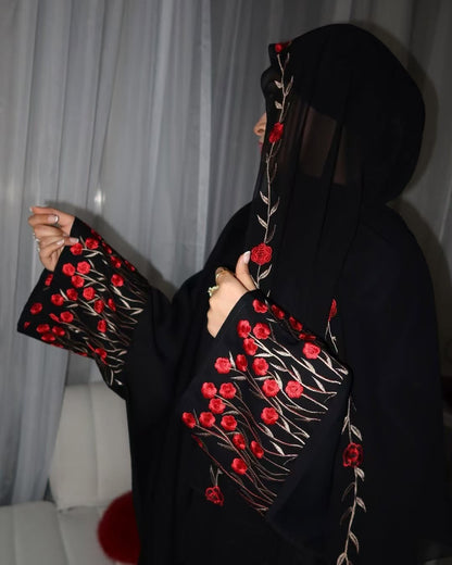 Embroidered Cardigan Abaya with Floral Sleeve Detail