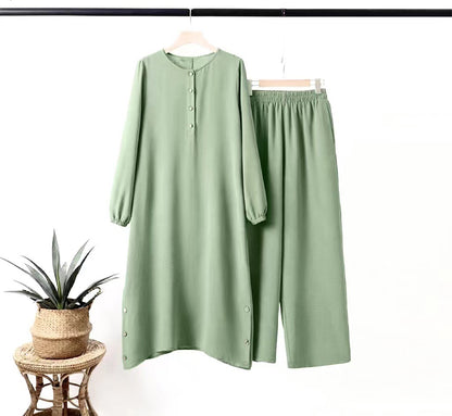 Women's Solid Color Long Sleeve Elastic Waist Set