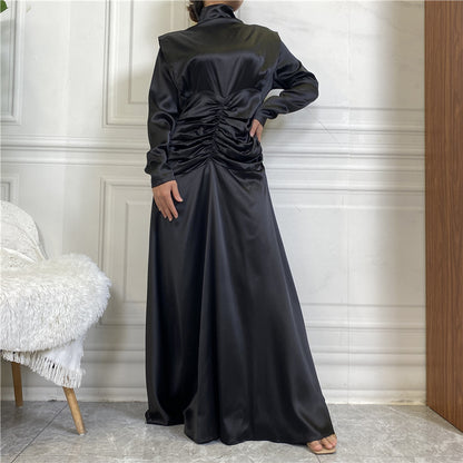 Satin Ruched High-Neck Muslim Evening Gown
