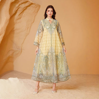Embroidered Rhinestone Muslim Print Kaftan Dress
