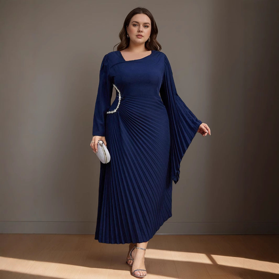 Women's Asymmetric Pleated Dress Set with Diamonds