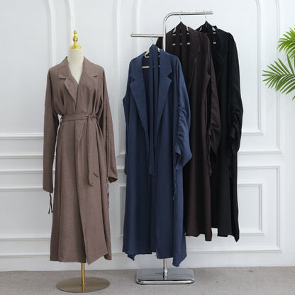 Elegant Blazer-Collar Abaya Cardigan with Ruched Sleeves