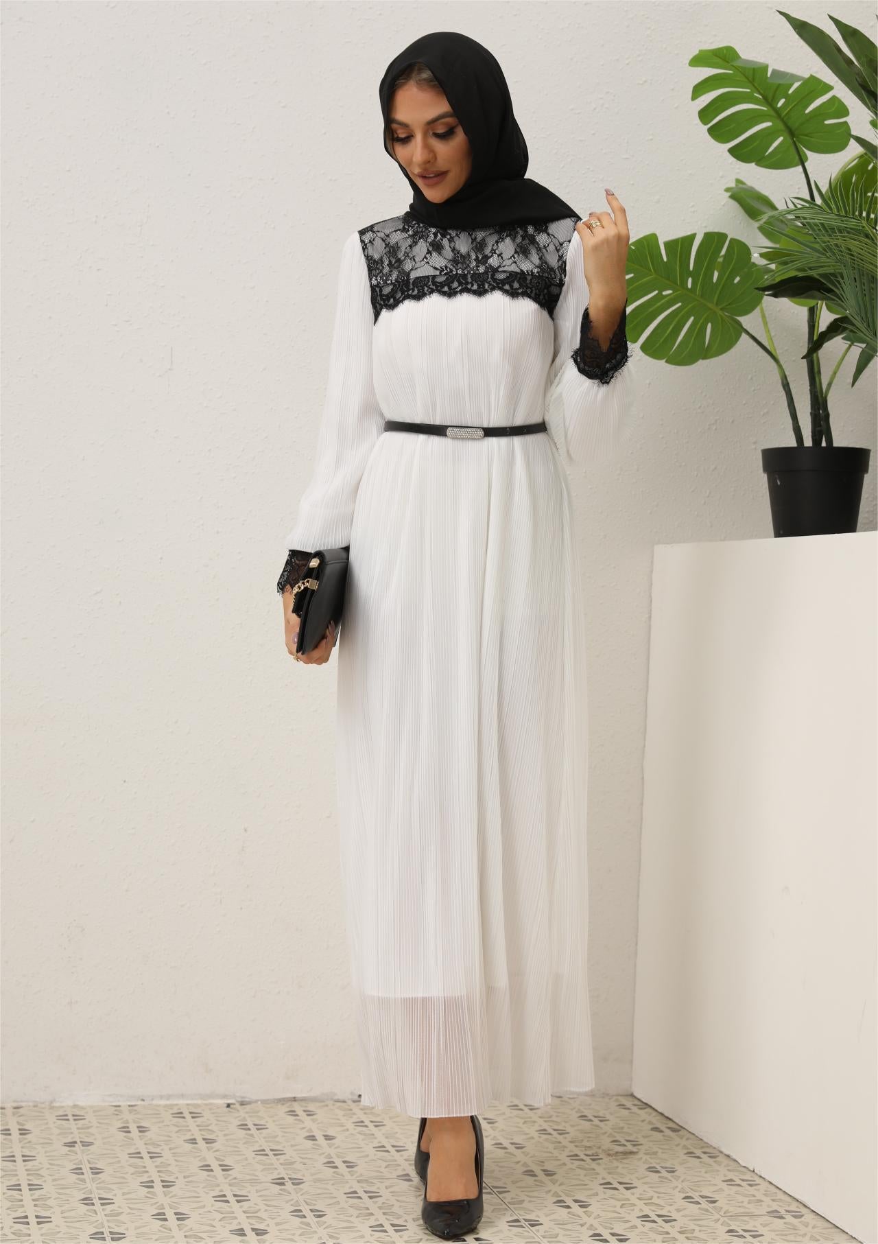 Women's Lace Pleated White Dress (With Belt)