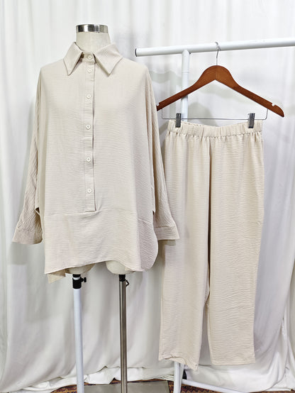 Loose Fit Batwing Sleeve Modest Two Piece Set with Shirt and Pants