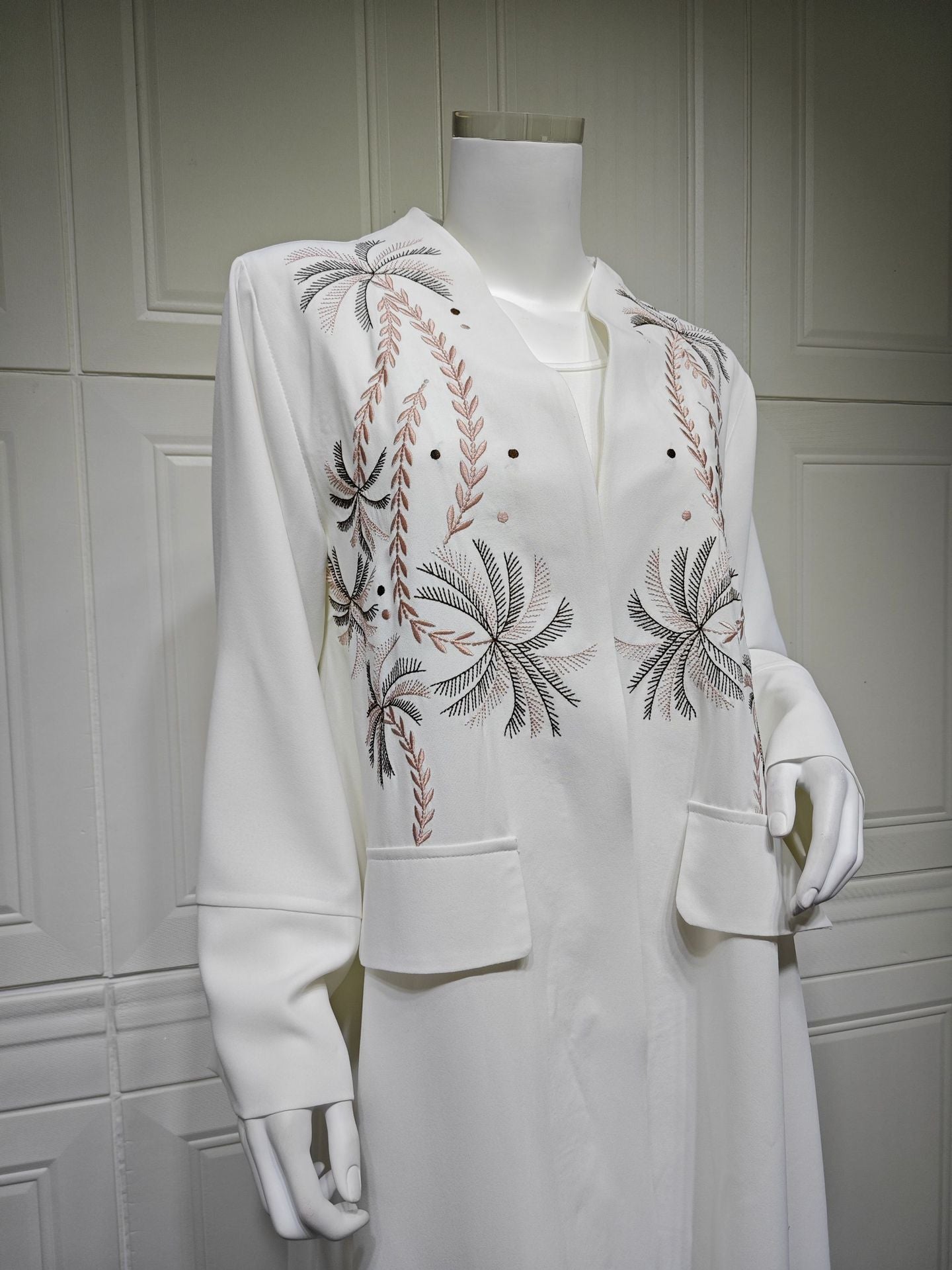 Women's White Embroidered Robe Open Abaya