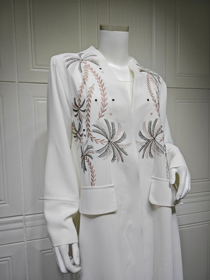 Women's White Embroidered Robe Open Abaya