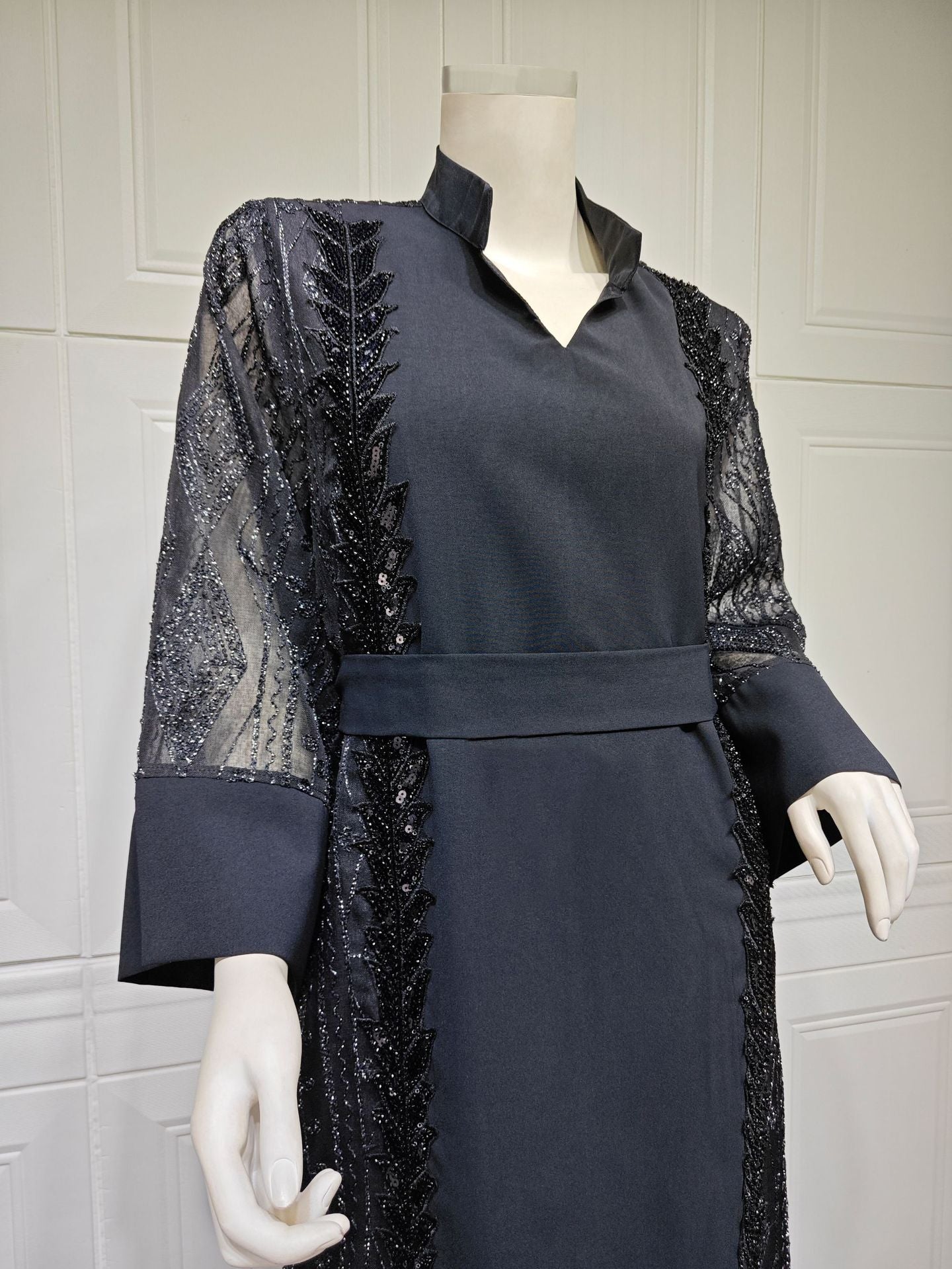 Colorblock Mesh Embroidered Beaded Muslim Dress